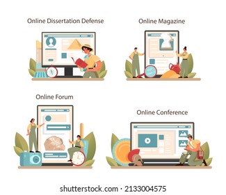 Archaeologist online service or platform set. Knowledge of an ancient civilization culture. Prehistoric times researcher. Online forum, magazine, conference, dessertation defense. Vector illustration