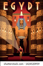 The archaeologist in Pharaoh's tomb with columns and statue in the background. Egypt travel vintage poster. Handmade drawing vector illustration.