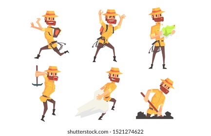 Archaeologist Scientist Cartoon Character in Different Situations Set, Bearded Man in Safari Outfit Vector Illustration