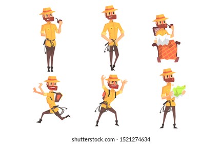 Archaeologist Scientist Cartoon Character in Different Situations Set, Funny Bearded Man in Safari Outfit Vector Illustration