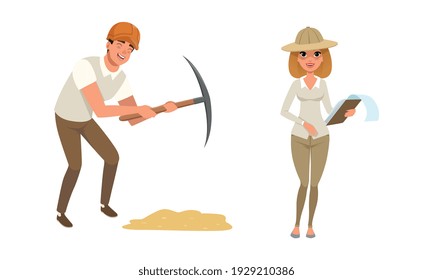 Archaeologist Scientist Characters Working on Excavations, Archeology and Paleontology Science Concept Cartoon Vector Illustration