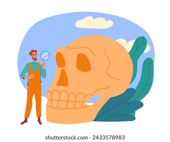 Archaeologist with scull. Man with magnifying glass near old bones. Archeology and paleontology. Scientist with fossil and antiques. Cartoon flat vector illustration isolated on white background