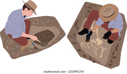 Archaeologist Sitting on Ground and Sweeping Dirt from Bone of Skeleton Using Brush, Paleontology Scientist Character Working on Excavations with Historical Artifacts Flat Vector illustration