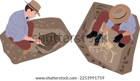 Archaeologist Sitting on Ground and Sweeping Dirt from Bone of Skeleton Using Brush, Paleontology Scientist Character Working on Excavations with Historical Artifacts Flat Vector illustration