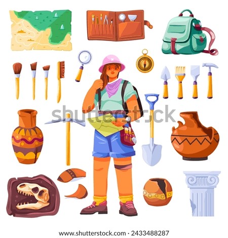 Archaeologist tools. Archeologist with archaeological artifacts and instruments, paleontology explorer digging tool, brush map excavation fossil research vector illustration of archaeologist tools