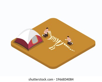 Archaeologist vector concept. Two scientist digging and searching fossil while researching dinosaur skeleton