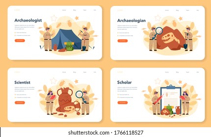 Archaeologist web banner or landing page set. Ancient history scientist, paleontologist. Knowledge of past and ancient. Antique civilization research. Isolated vector illustration in flat style