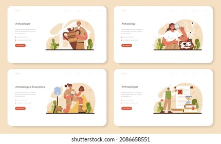 Archaeologist web banner or landing page set. Ancient history scientist or paleontologist. Knowledge of an ancient civilization culture. Prehistoric times research. Flat vector illustration