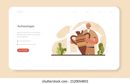 Archaeologist web banner or landing page. Ancient history scientist or paleontologist. Knowledge of an ancient civilization culture. Prehistoric times research. Flat vector illustration