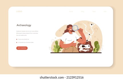 Archaeologist web banner or landing page. Ancient history scientist or paleontologist. Knowledge of an ancient civilization culture. Prehistoric times research. Flat vector illustration