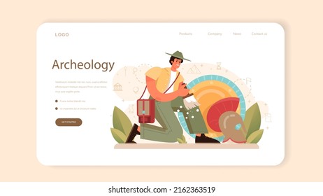 Archaeologist web banner or landing page. Ancient history scientist or paleontologist. Knowledge of an ancient civilization culture. Prehistoric times research. Flat vector illustration