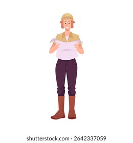 Archaeologist woman wear brown suit and hat holding map. Young female character historic explorer, scientist or paleontologist. Vector flat illustration isolated on white background