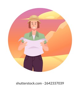 Archaeologist woman wear hat holding map. Desert landscape with sand dunes. Young female character historic explorer, scientist or paleontologist. Vector flat illustration isolated in round frame