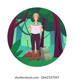 Archaeologist woman wear hat holding map in the forest. Female character historic explorer, scientist or paleontologist. Shovel and backpack archeology digging equipment. Vector flat in round frame