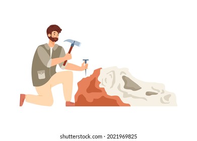 Archaeologist working on archeology, paleontology or geological excavations. Male scientist search of ancient artifacts and bones skeletons fossil animals. Vector flat illustration
