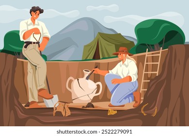 Arqueólogo en el lugar de trabajo descubriendo un jarrón. Las personas del Vector excavan o excavan artefactos antiguos. Caricatura de descubrimiento cultural y trabajo de campo de arqueología. Restauración de reliquias y cerámica. Ruinas históricas