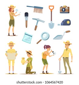 Archaeologists characters and various historical artifacts. Character archaeologist man, discovery in archaeology illustration