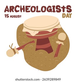 Archaeologist's Day is August 15th. A drum made of animal skin in the sand. Flat color illustration. The history of human activity. for postcards, posters, articles, blogs, educational materials