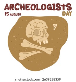 Archaeologist's Day is August 15th. A skull, bones, and a tooth in the sand. Flat color illustration. The history of man. for postcards, posters, articles, blogs, educational materials