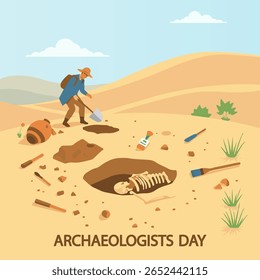 Archaeologists Day excavation landscape, vector art illustration.