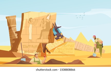 Archaeologists discover ancient egyptian tombs flat composition with digging revealing burial chamber walls afterlife god figure vector illustration  