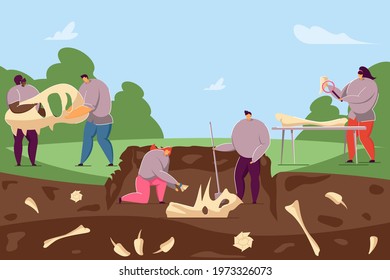 Archaeologists discovering ancient fossils in ground. Flat vector illustration. Cartoon people finding dinosaur bones and skeletons in soil layers. Paleontology, history, dinosaur, science concept