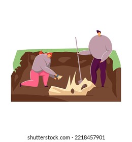 Archaeologists discovering ancient fossils in ground. Flat vector illustration. Cartoon people finding dinosaur bones and skeletons in soil layers. Paleontology, history, dinosaur, science concept