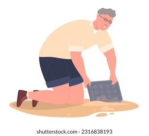 Archaeologists engage in research of ancient artefacts, excavation historically of valuable objects. Archaeological excavations. Vector illustration