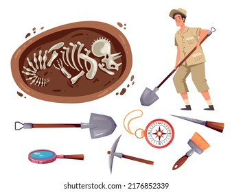 Archaeologists excavating dinosaur fossil triceratops concept set. Graphic design element illustration