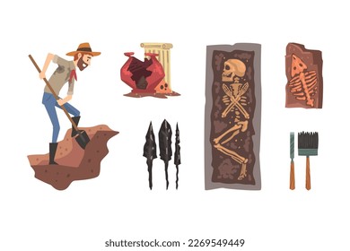 Archaeologists excavating historical artifacts, exploring remains of ancient people set cartoon vector illustration