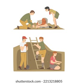 Archaeologists excavating historical artifacts set. Male and female scientists examining ground with tools cartoon vector illustration