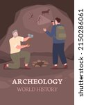 Archaeologists are exploring a prehistoric cave. Rock paintings. Vector illustration