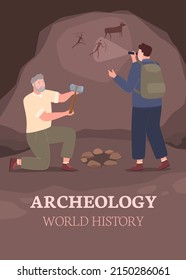 Archaeologists are exploring a prehistoric cave. Rock paintings. Vector illustration