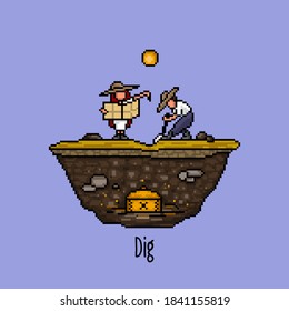 Archaeologists looking for treasure from an old map in 8 bit pixel style. A girl and a guy in big sun hats are excavating in the ground with a shovel and a map. A sunny desert area with rocks and soil