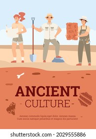 Archaeologists on excavations in search of artifacts of ancient culture, civilization. Flat vector illustration for poster template. Archaeological expedition, scientific research, historic discavery.