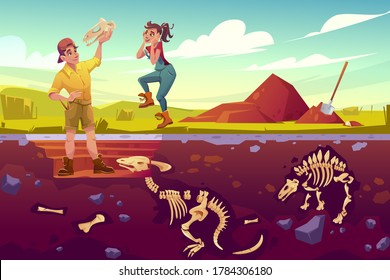 Archaeologists, Paleontologist Rejoice For Exploring Artifact Dinosaurs Skull, Scientists Working On Excavations Digging Soil Layers Studying Dino Fossil Skeletons Bones, Cartoon Vector Illustration