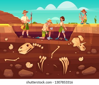 Archaeologists, paleontology scientists working on excavations or digging soil layers with shovel and exploring founded artifacts. studying dinosaurs fossil skeletons bones cartoon vector illustration