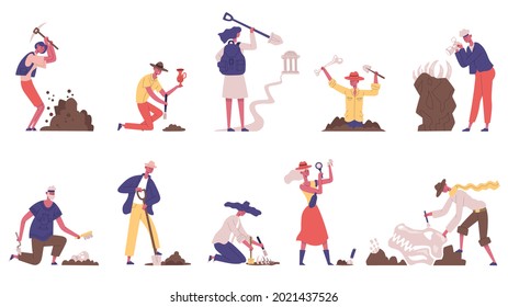 Archaeologists people archaeological historical artifacts excavation. Male and female archaeologist characters vector illustration set. Archeology workflow, examining ground with tools