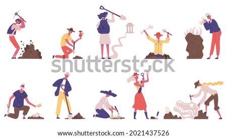 Archaeologists people archaeological historical artifacts excavation. Male and female archaeologist characters vector illustration set. Archeology workflow, examining ground with tools