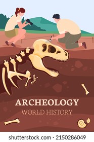 Archaeologists are researching a prehistoric animal. Excavation of a dinosaur skeleton. Vector illustration
