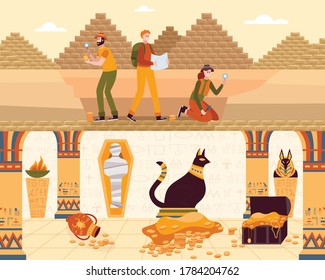 Archaeologists, scientists, or treasure hunters are searching for the location of an Egyptian treasure with gold, the mummy of a Pharaoh, and historical items. Vector cartoon illustration.