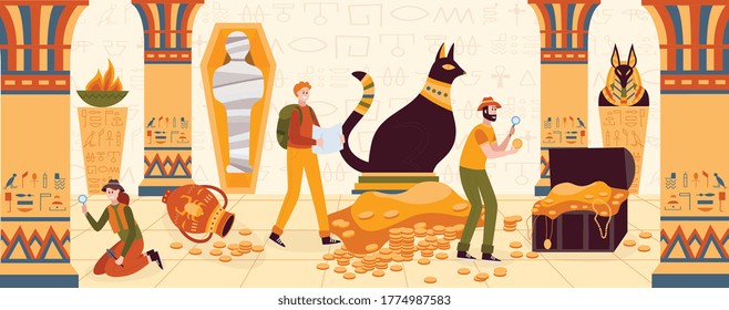 Archaeologists or treasure hunters explore an Egyptian pyramid with a Pharaoh, gold treasures and historical artifacts. Cartoon vector illustration.