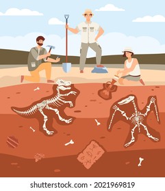 Archaeologists working on archeology paleontology excavations. Male and female scientists search of ancient artifacts and bones skeletons fossil animals. Vector flat illustration