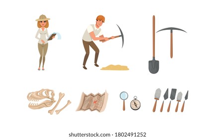 Archaeologists Working on Excavations, Paleontology Scientists with Professional Equipment Set Cartoon Style Vector Illustration