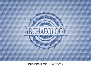 Archaeology blue emblem with geometric pattern.