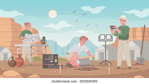 Archaeology cartoon composition with outdoor landscape and view of archaeological site with working people and tools vector illustration