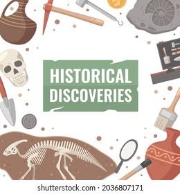Archaeology cartoon composition with set of digging tool icons ancient findings and grunge board with text vector illustration