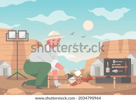 Archaeology cartoon composition with view of archaeological site equipment and female worker just found ancient vase vector illustration