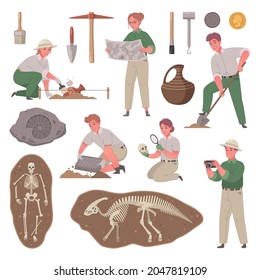 Archaeology cartoon set of isolated icons with skeletons ancient coins digging instruments and characters of archaeologists vector illustration