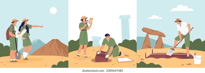 Archaeology composition set with cultural heritage symbols flat isolated vector illustration